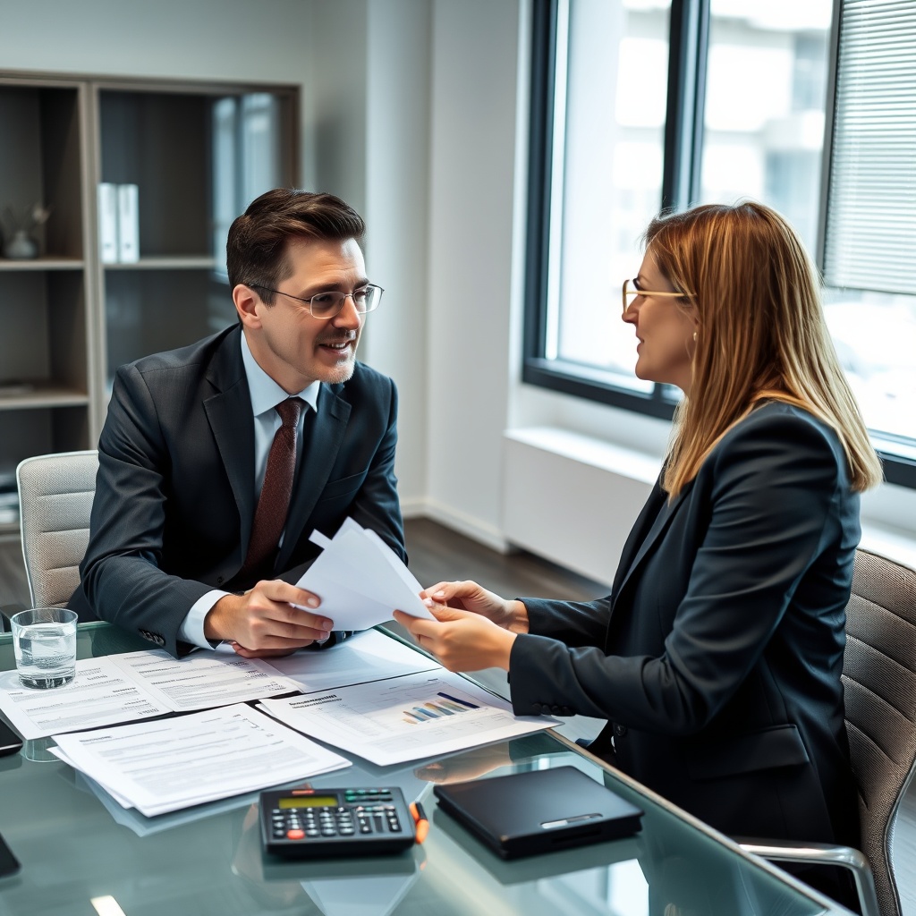 Professional German tax advisor explaining tax documents to a freelancer in a modern office setting with calculator and paperwork on desk