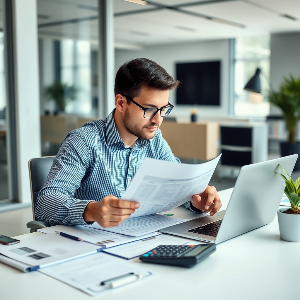 Professional Finnish technology worker reviewing tax documents at modern office desk with laptop and calculator, representing individual taxation considerations in tech sector