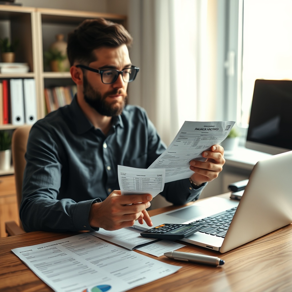 Freelancer reviewing business expense receipts and financial documents at a home office desk with laptop and calculator