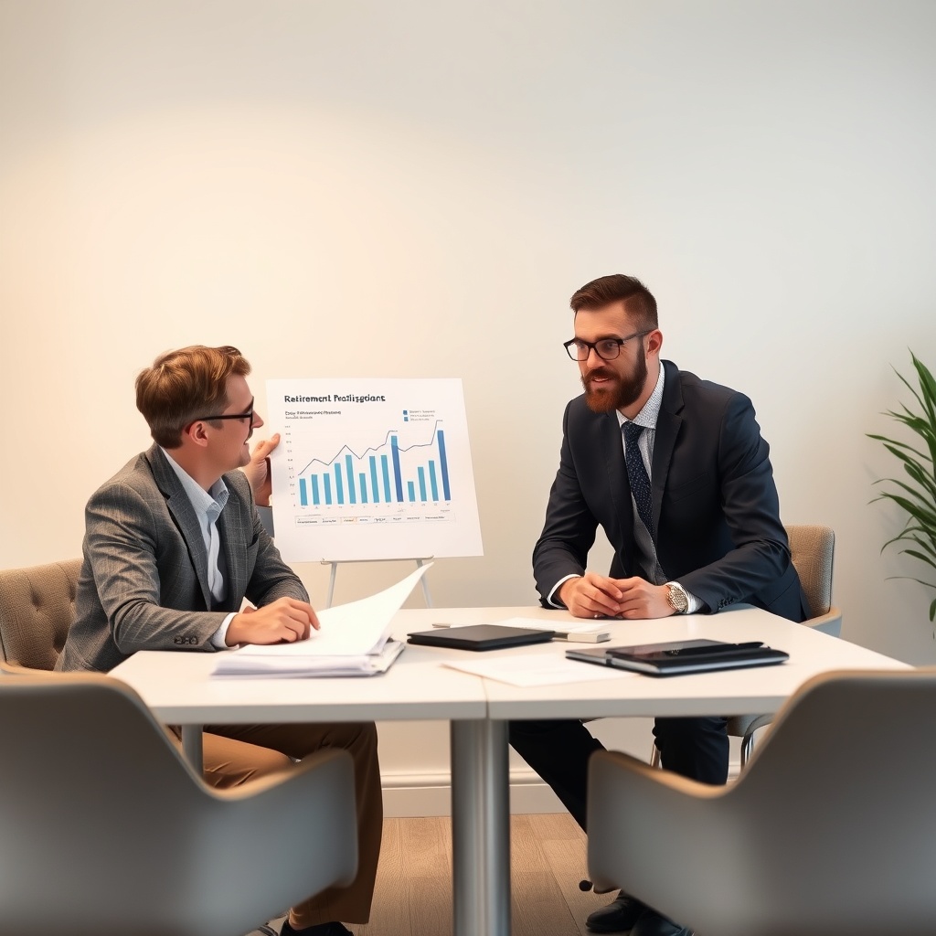 Financial planner presenting retirement projection charts to a German freelancer in a professional consultation meeting