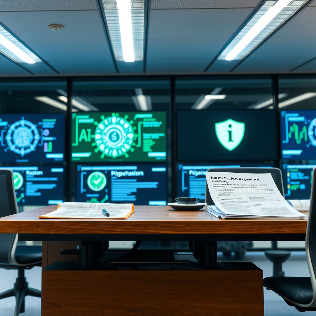Professional stock photo of regulatory documents and compliance frameworks in a modern German financial office setting, with digital screens displaying AI algorithms and data protection symbols, no text visible