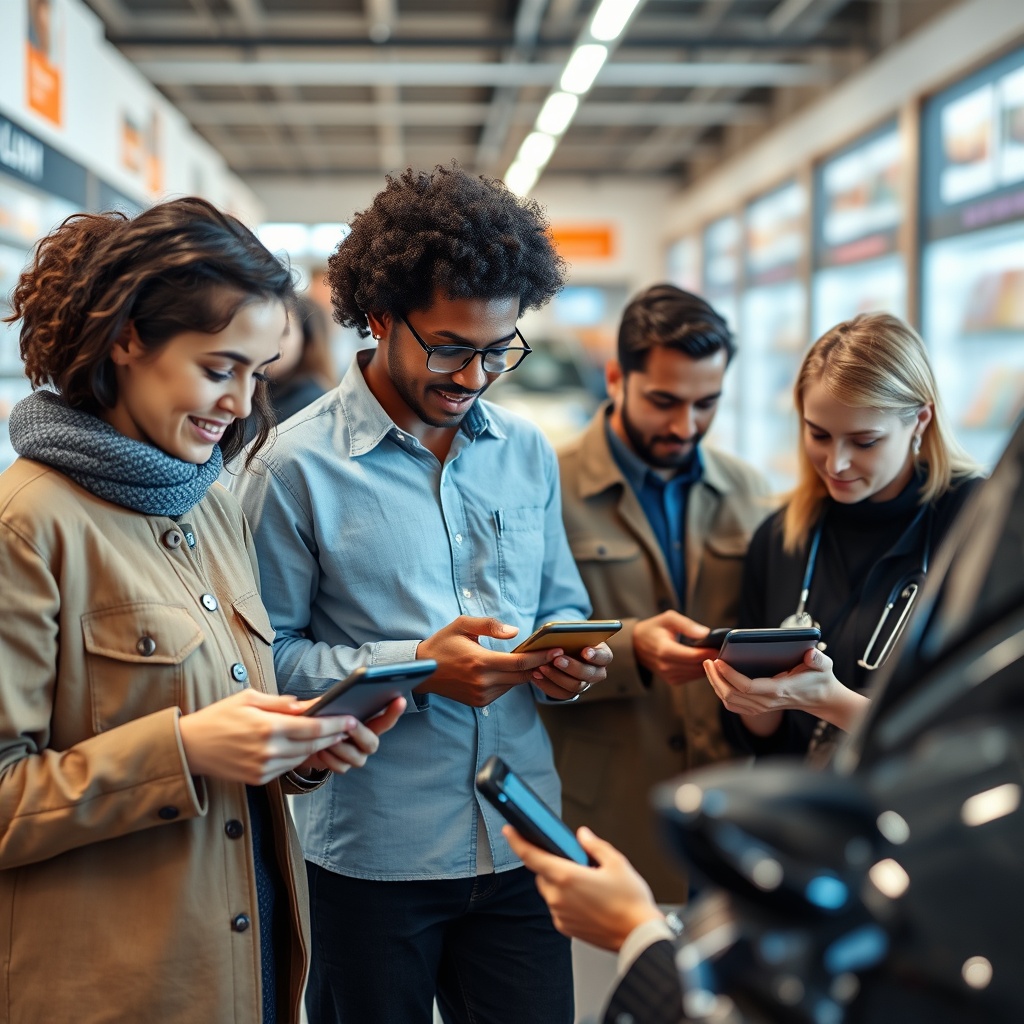 Professional stock photo of diverse German consumers using seamless embedded finance applications on digital devices in retail, automotive, and healthcare settings, showing integrated payment experiences without text