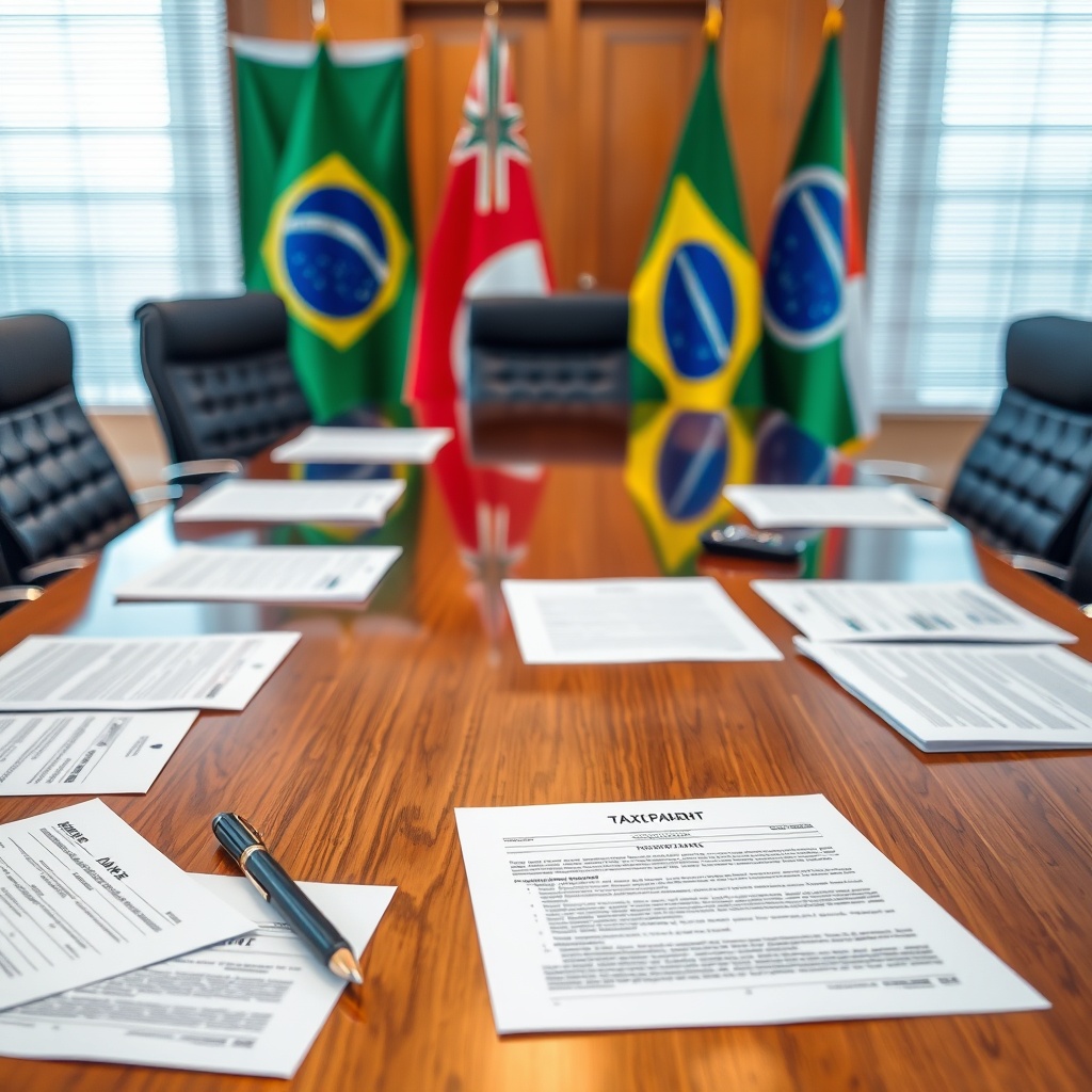 Professional stock photo of international tax documents and treaty agreements spread across a conference table with Brazilian and foreign flags in the background, representing cross-border tax compliance