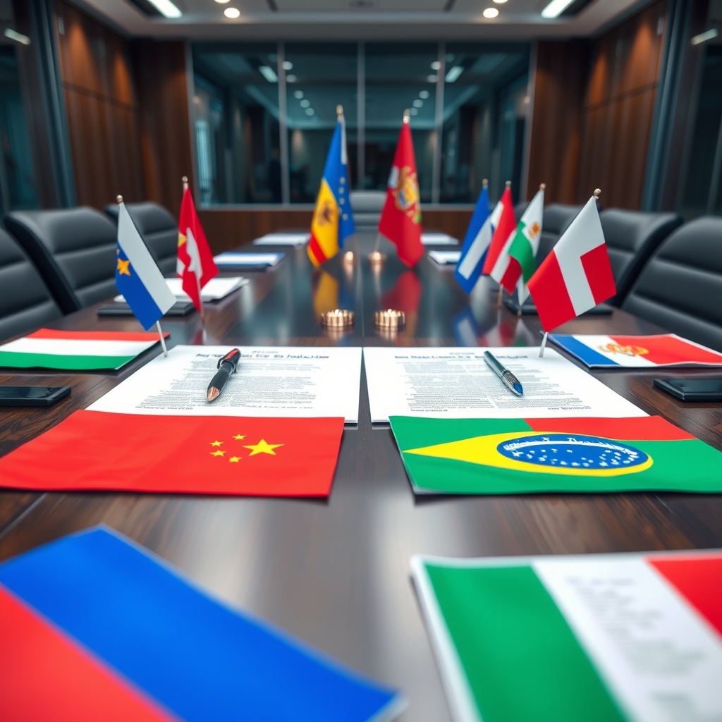 Professional stock photo of international tax treaty documents and flags of different countries on a conference table, symbolizing cross-border tax agreements