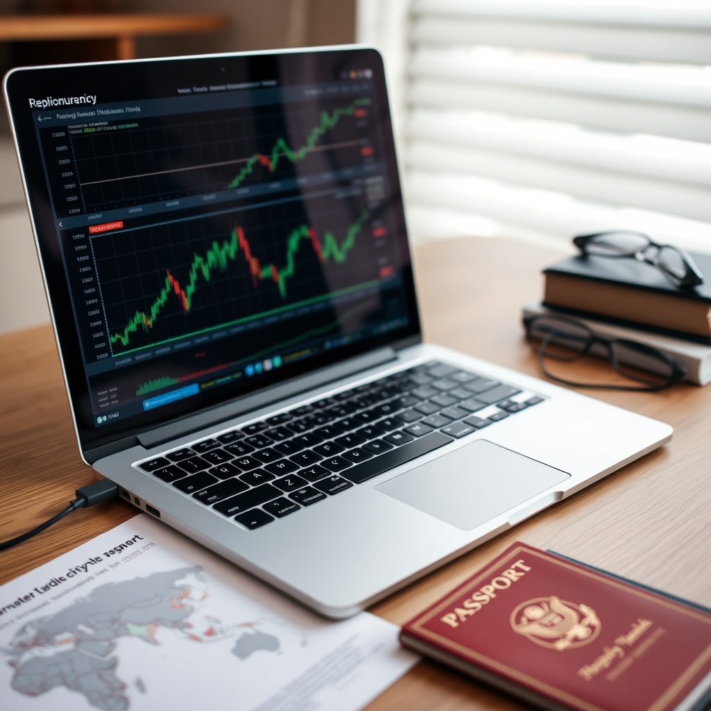 Professional stock photo of a modern laptop displaying cryptocurrency trading charts on a desk with international travel documents and a passport visible, representing digital nomad taxation scenarios