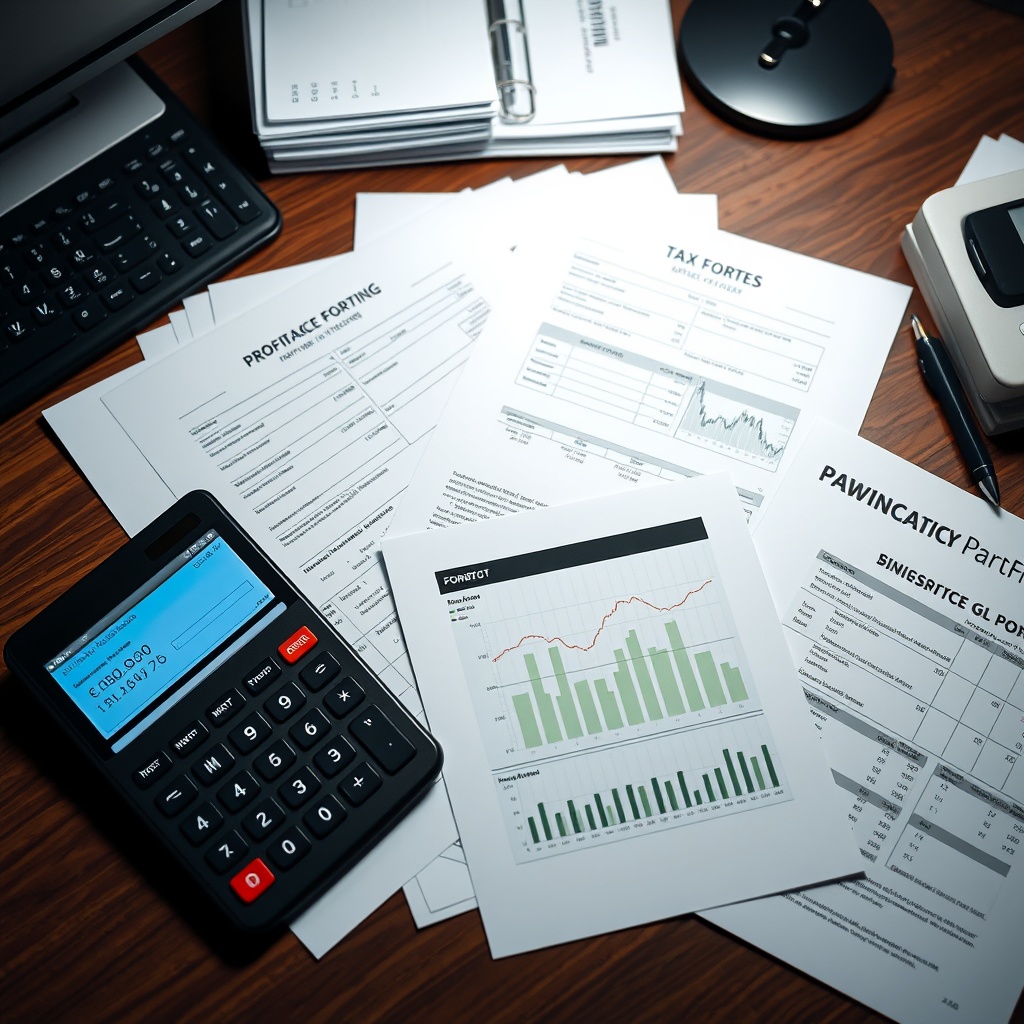 Professional stock photo of organized financial documents and tax forms neatly arranged on a desk with a calculator and digital tablet showing cryptocurrency portfolio tracking