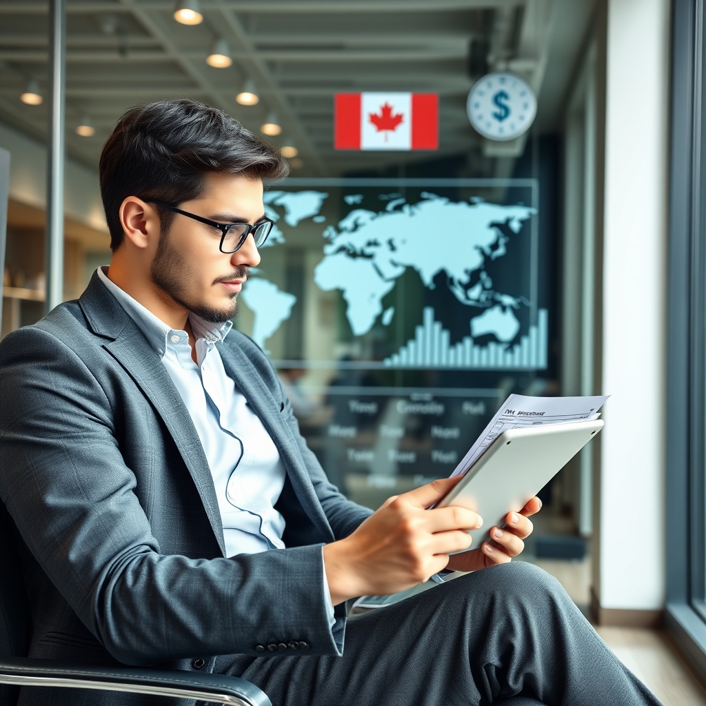 Professional stock photo of a business person reviewing tax documents on a tablet while sitting in a modern office with Canadian and international financial symbols in the background