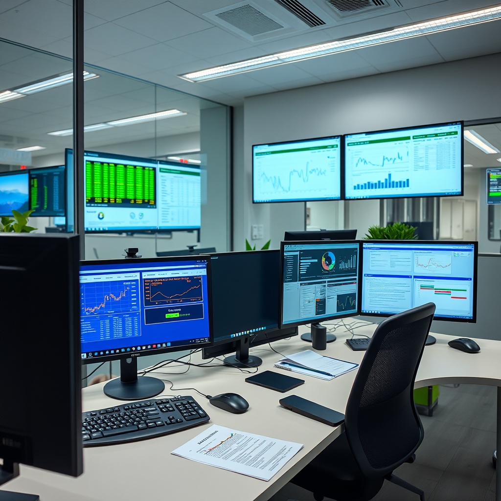 Professional stock photo of a modern banking and financial compliance setup with multiple monitors showing transaction reports, compliance dashboards, and regulatory documents in a Brazilian financial office