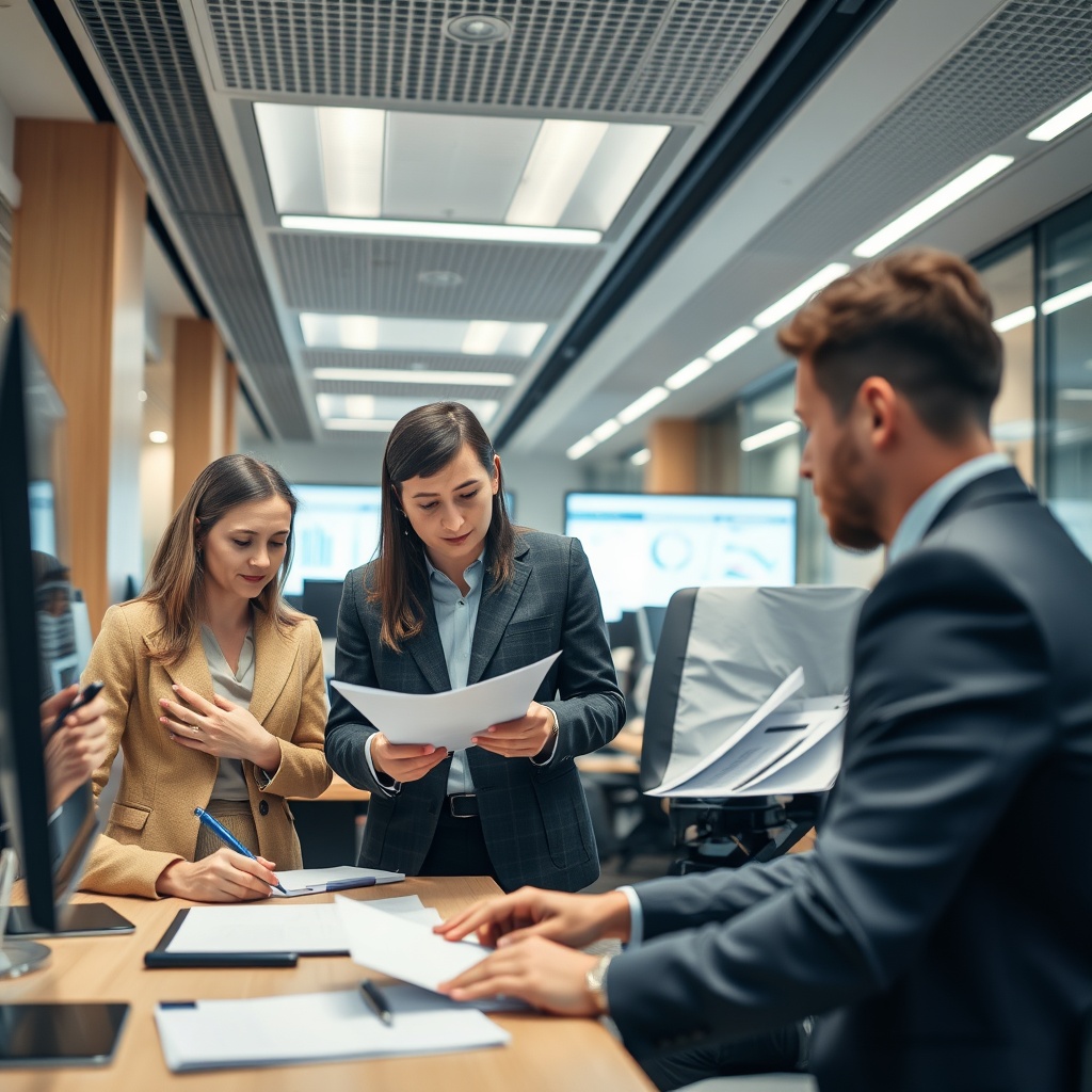 Professional stock photo of internal audit team conducting compliance monitoring in a financial institution, with control testing procedures and regulatory examination preparation