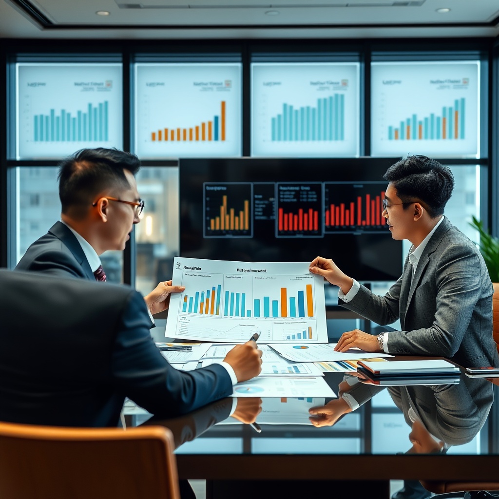 Professional business executives analyzing financial charts and risk management diagrams in a modern Asian corporate boardroom, representing strategic captive insurance structures and benefits