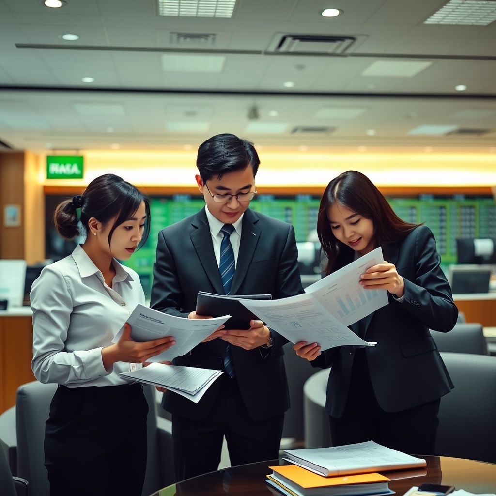 Business professionals reviewing capital investment portfolios and financial documents in a sophisticated Asian financial institution setting, illustrating capitalization and funding strategies