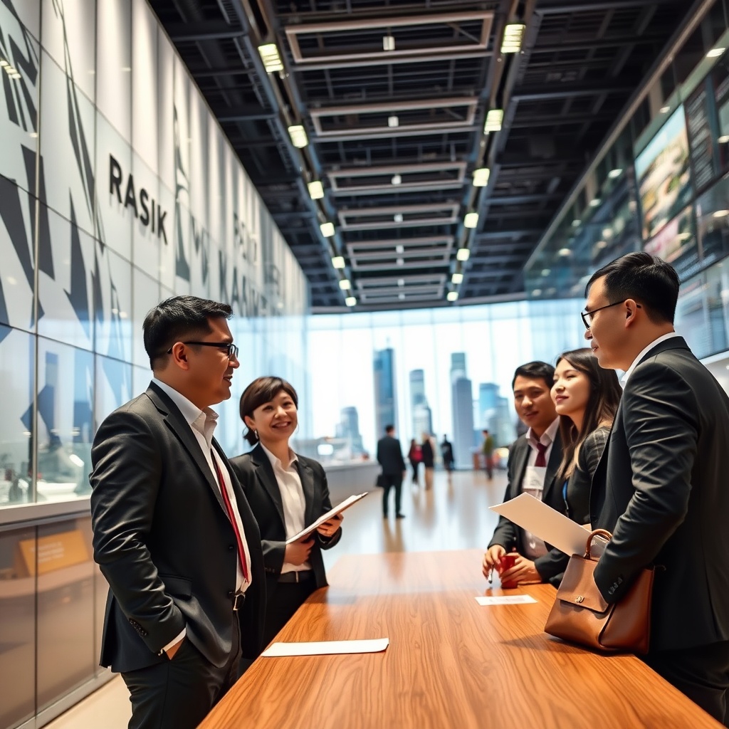 Corporate team examining advanced risk management models and financial structures in a high-tech Asian business environment, depicting sophisticated captive insurance techniques