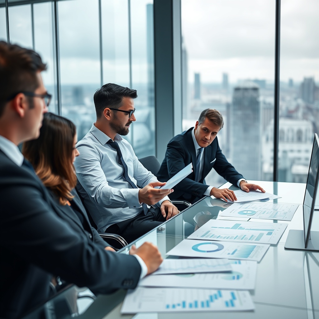 Professional business executives analyzing financial charts and risk management strategies in a modern European corporate boardroom with glass walls and city skyline view