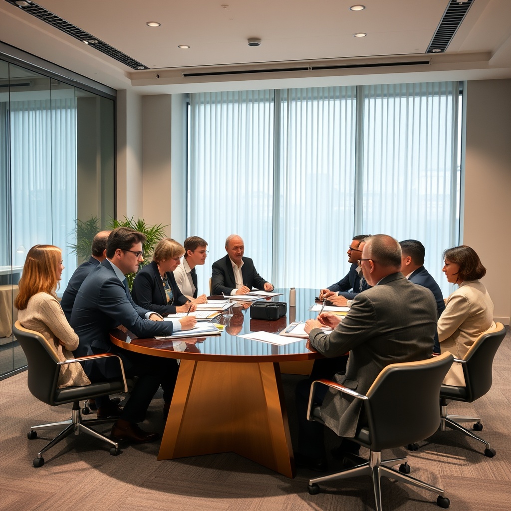 Corporate governance meeting with diverse board members discussing compliance documents and operational management in a sophisticated European office environment