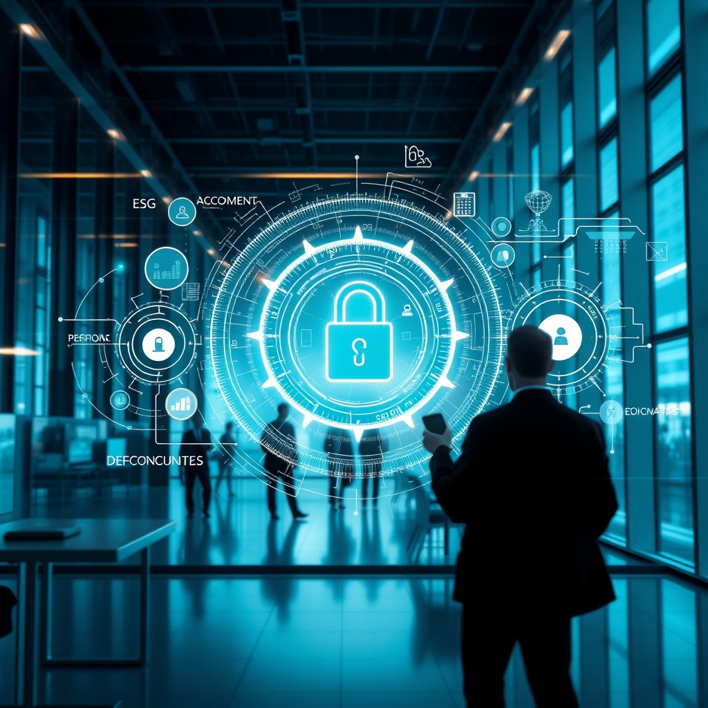 Digital transformation concept showing futuristic technology integration with ESG sustainability metrics and cyber security visualization in a modern European business setting