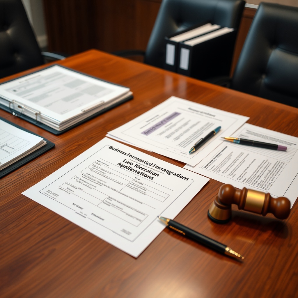Professional stock photo of business formation documents and licensing applications on a conference table with legal binders and pens, symbolizing the formation process and requirements