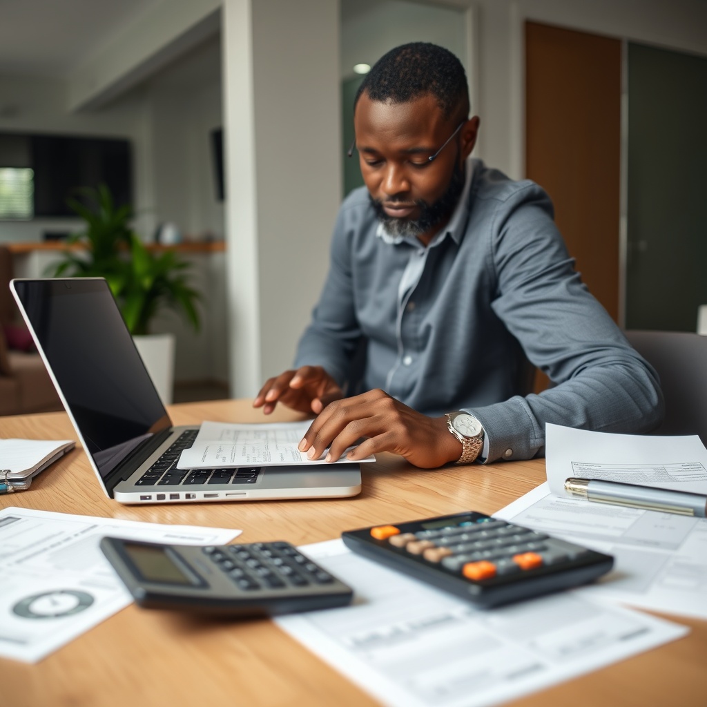Professional stock photo of a Central African Republic freelancer reviewing personal income tax documents on a laptop, with calculator and financial papers on desk, modern office setting