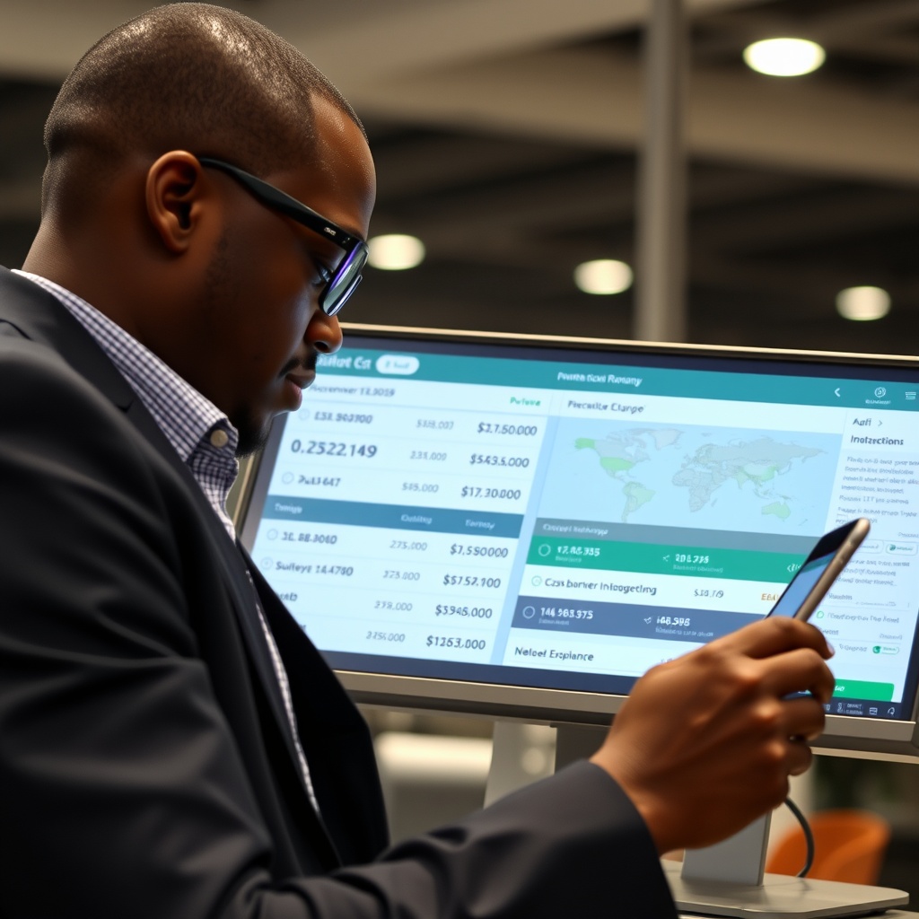 Professional stock photo of Central African Republic freelancer managing international payments on digital banking platform, showing currency exchange rates and cross-border transaction interface