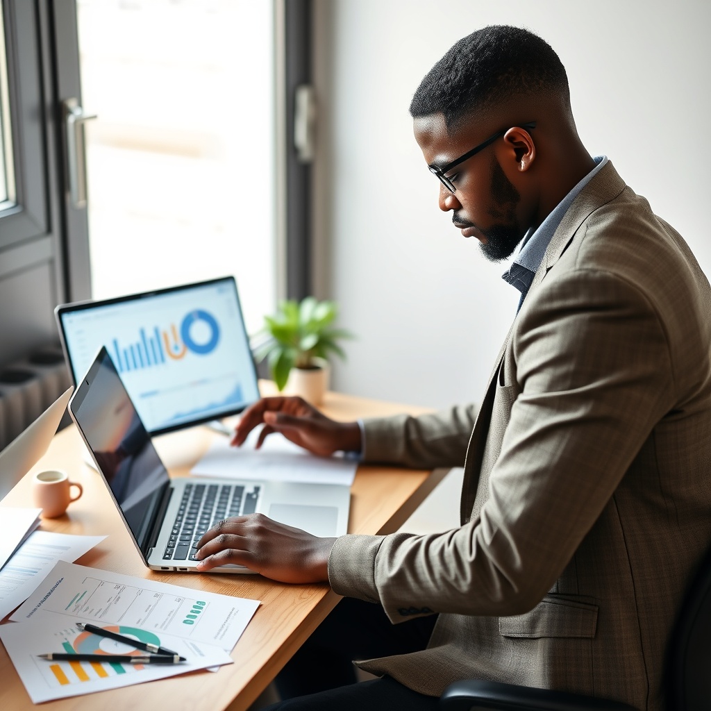 Professional stock photo of Central African Republic freelancer creating financial budget and planning long-term savings, with charts and investment documents on workspace