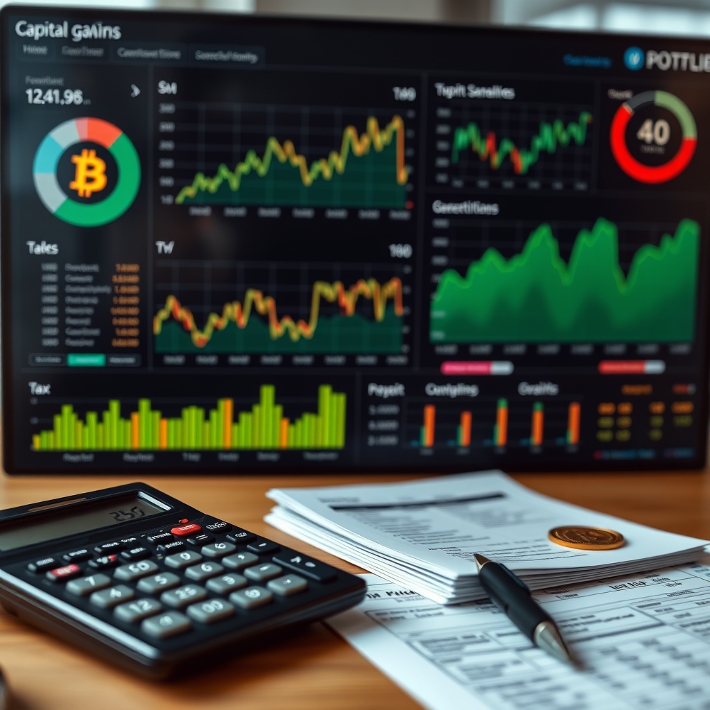 Professional stock photo of a modern financial dashboard showing cryptocurrency portfolio performance charts, with a calculator and tax documents nearby, representing capital gains calculation and reporting