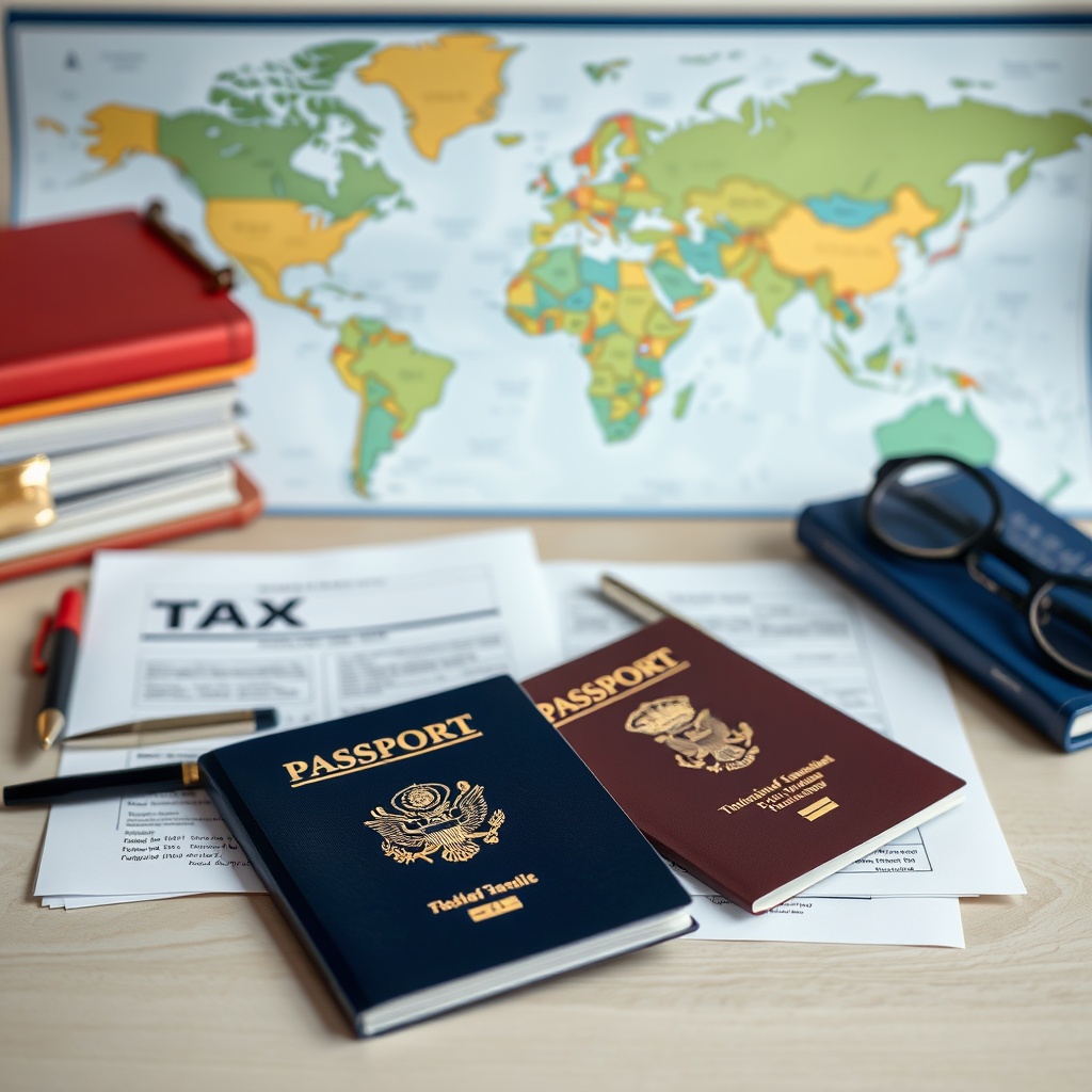 Professional stock photo of international tax documents and passports on a desk with a world map background, symbolizing double taxation agreements and cross-border tax considerations