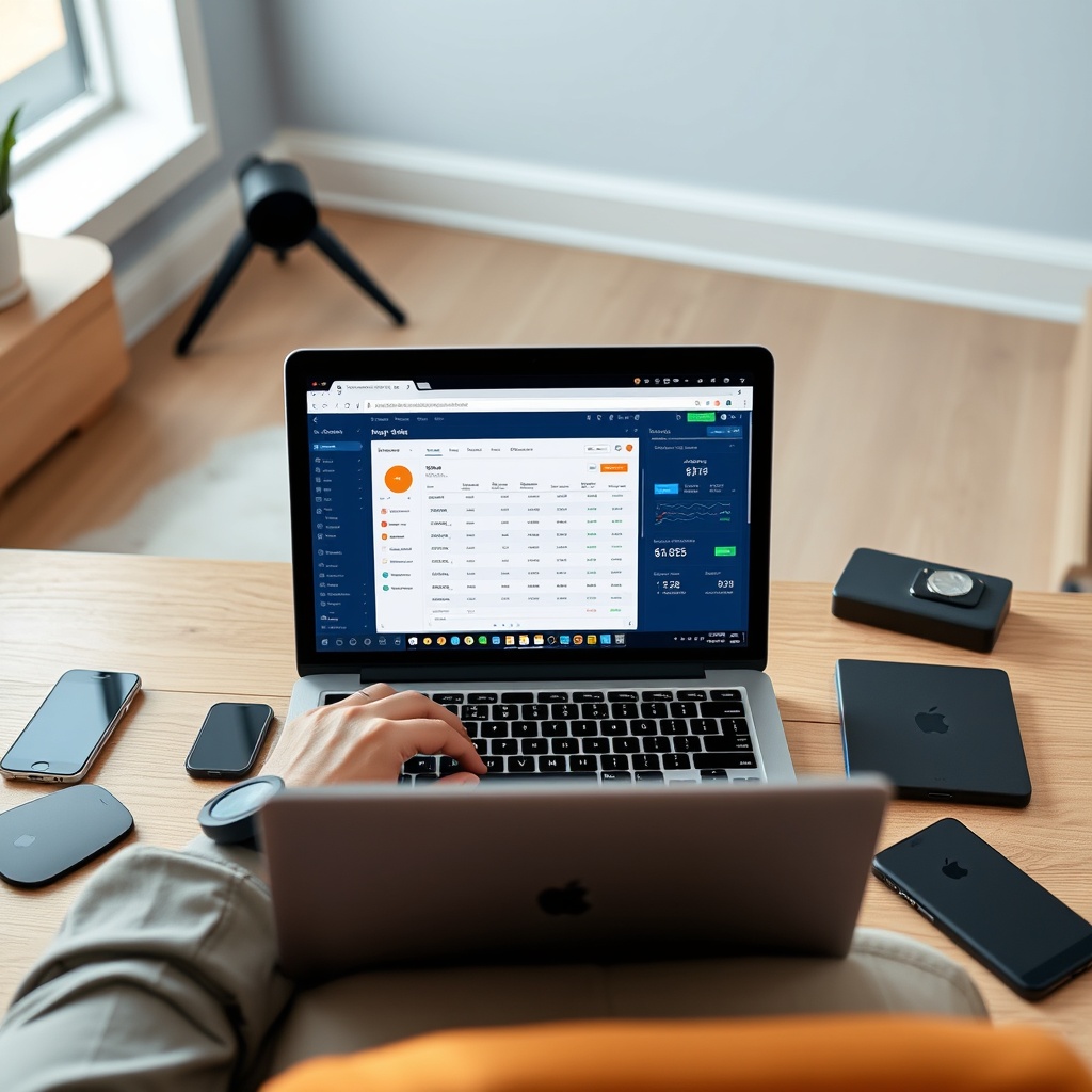 Professional stock photo of a digital nomad using a laptop with crypto portfolio tracking software open, surrounded by mobile devices and financial tools