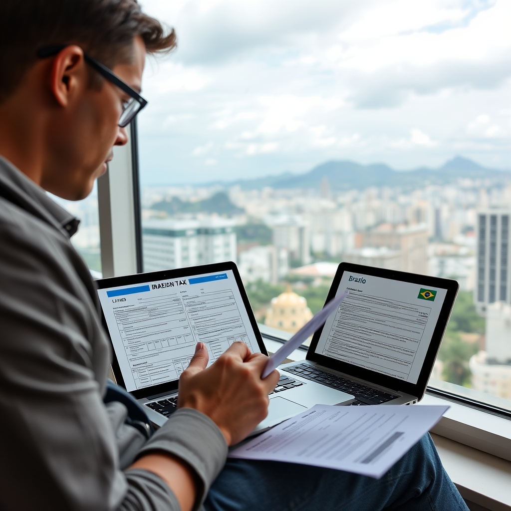 Professional stock photo of American expat reviewing tax documents and laptop showing both US and Brazilian tax forms, with Rio de Janeiro skyline visible through window