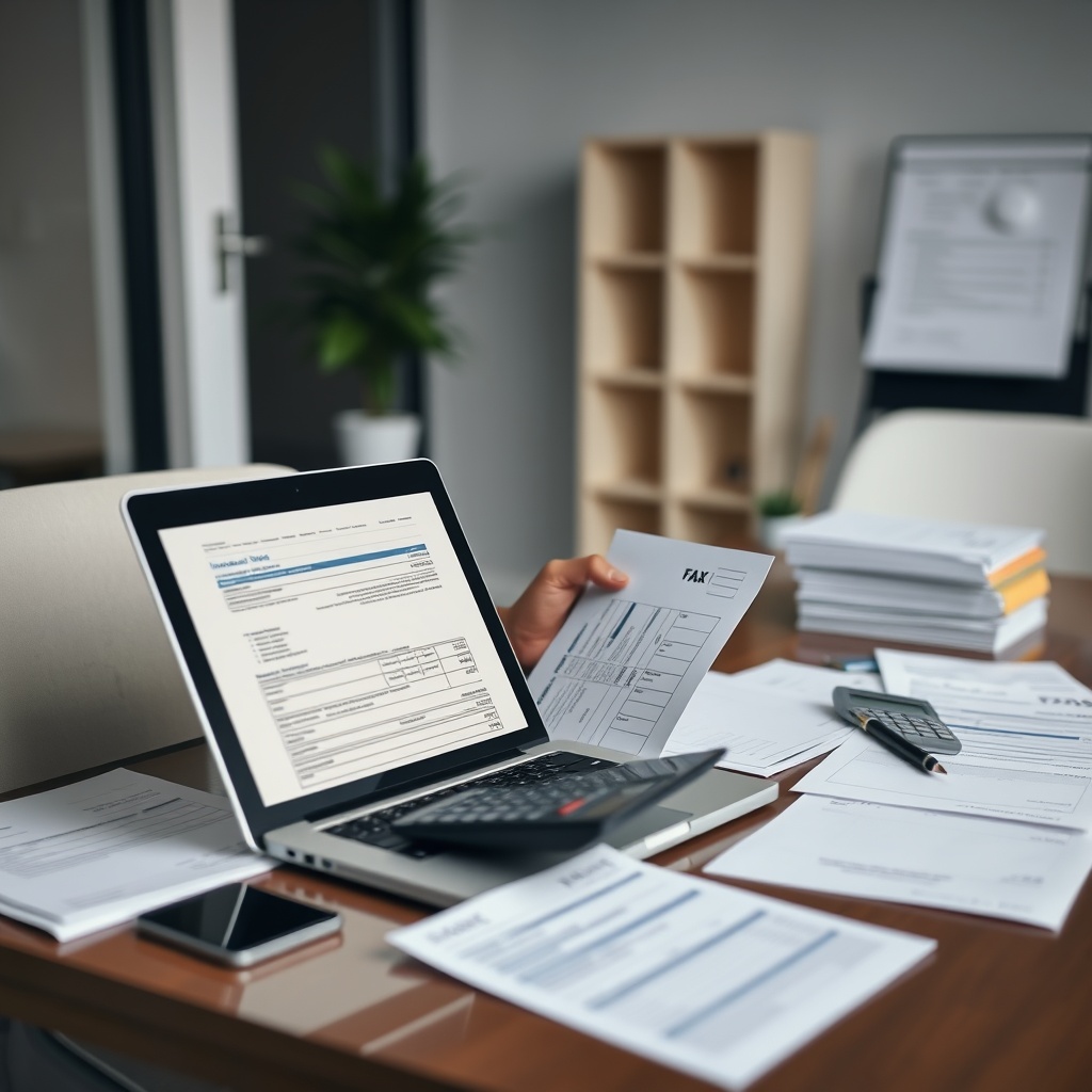 Professional stock photo of a freelancer calculating income tax on a laptop with tax forms and calculator visible, modern office setting with clean financial documents arranged neatly