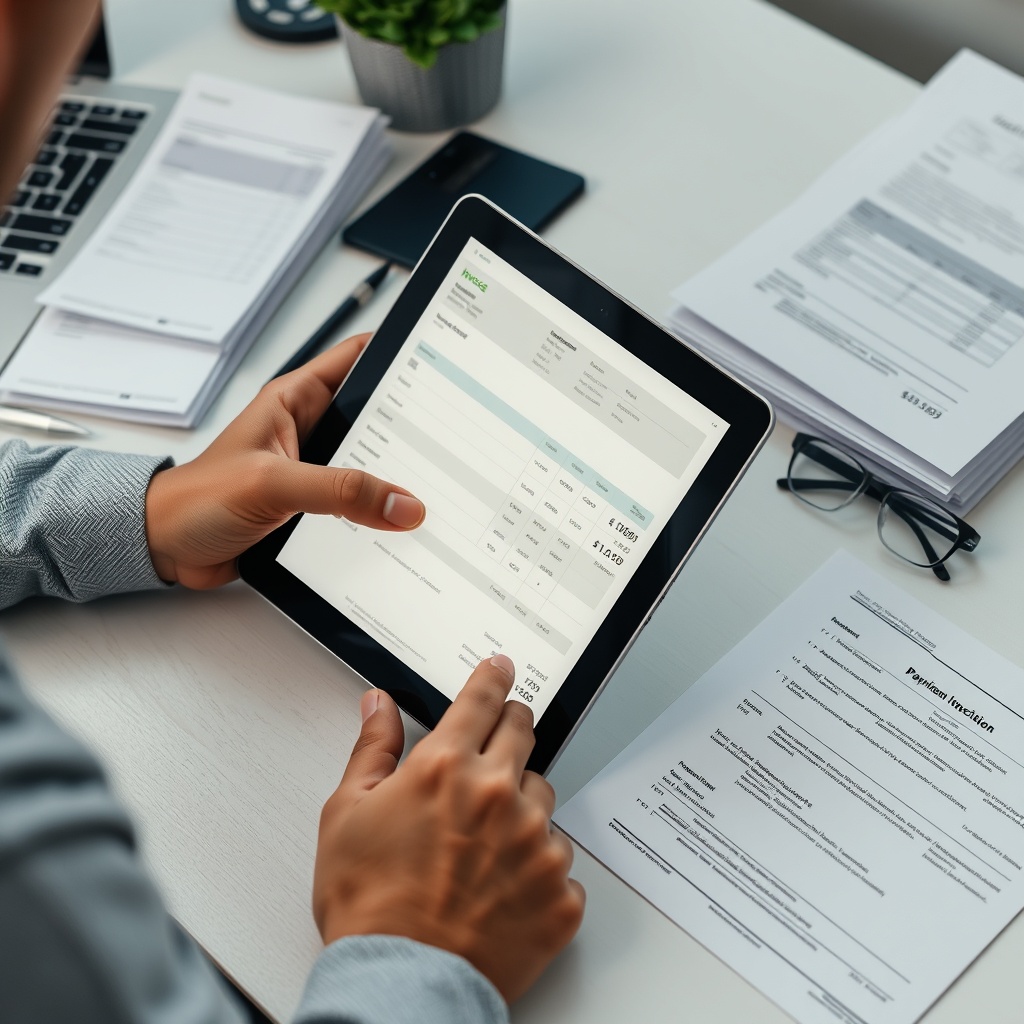 Professional stock photo of a freelancer creating invoices on a tablet with payment receipts and client documents organized on a desk, business workspace environment