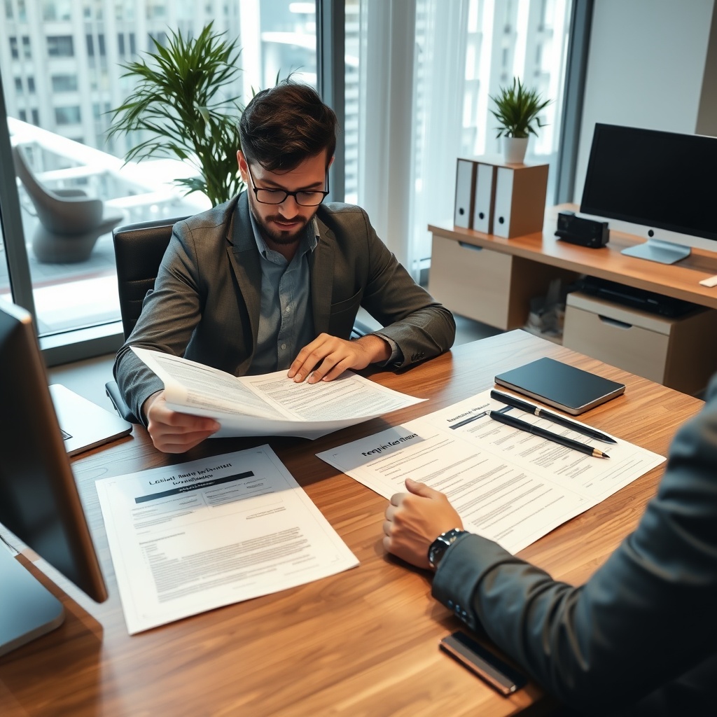 Professional stock photo of a freelancer reviewing legal business structure documents with company registration papers and legal forms on a modern office desk