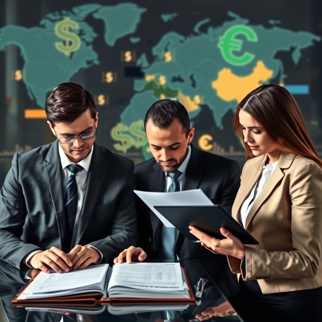 Professional stock photo of international business professionals reviewing investment portfolios and tax documents across multiple countries, with digital currency symbols integrated into the background design