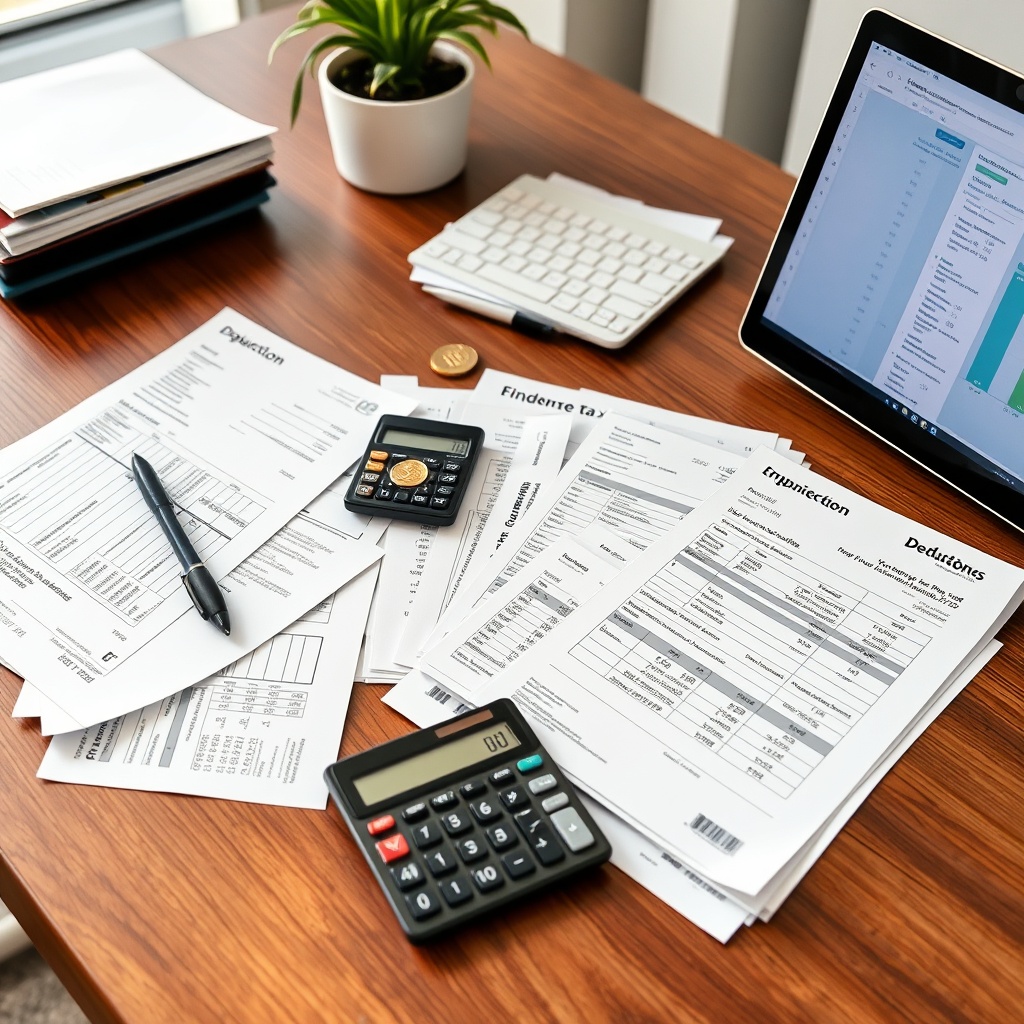Professional stock photo of organized financial documents and receipts spread on a modern desk with calculator and laptop, representing tax deductions and expense tracking for crypto activities