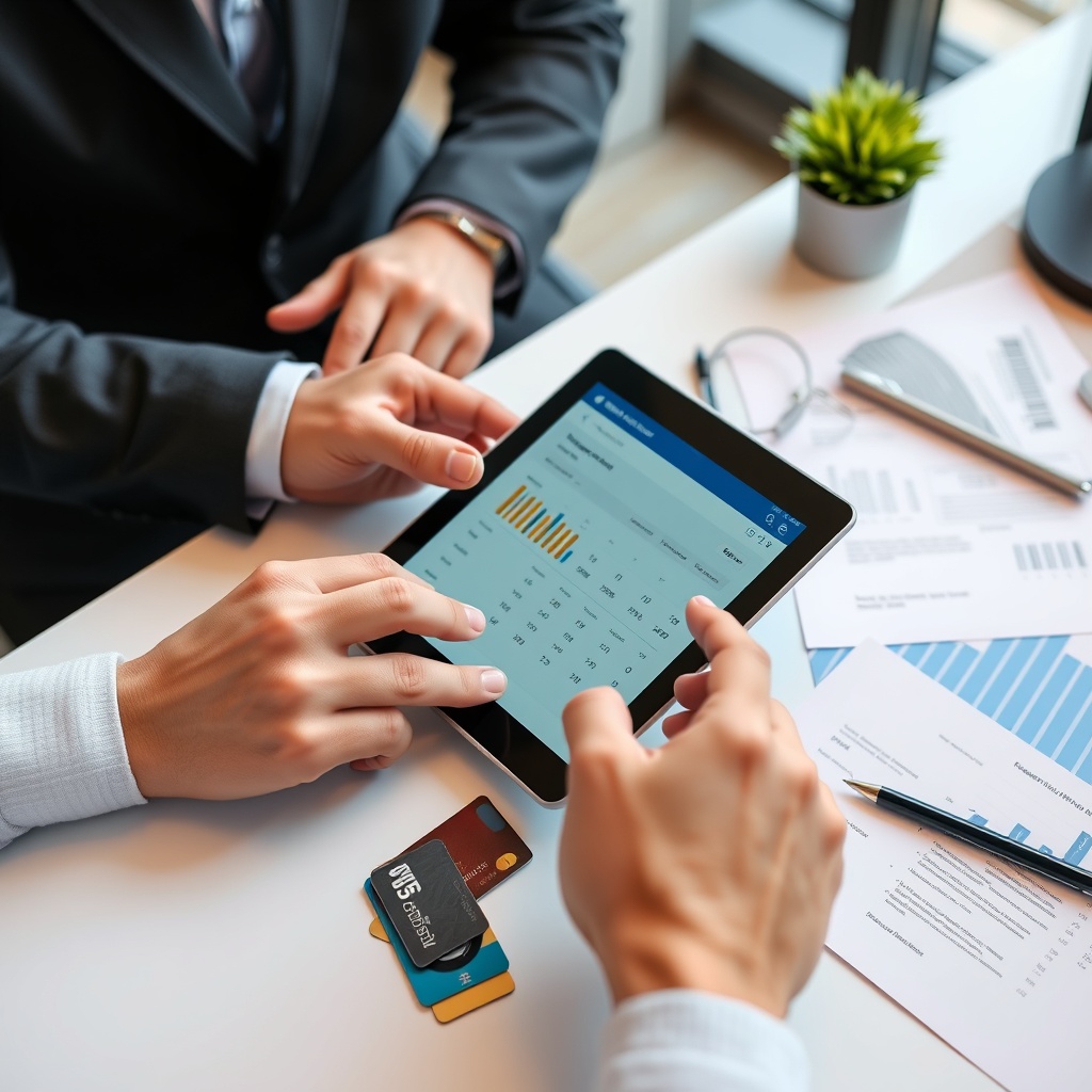 Professional stock photo of a person using digital banking on a tablet, with credit cards and financial documents arranged neatly on a contemporary desk
