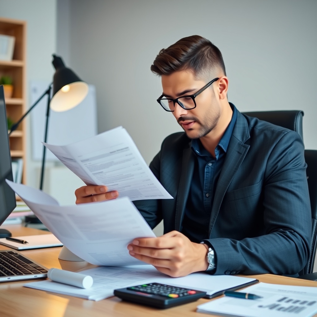 Professional stock photo of a freelancer reviewing expense receipts and business documents, with home office setup and financial calculator in background