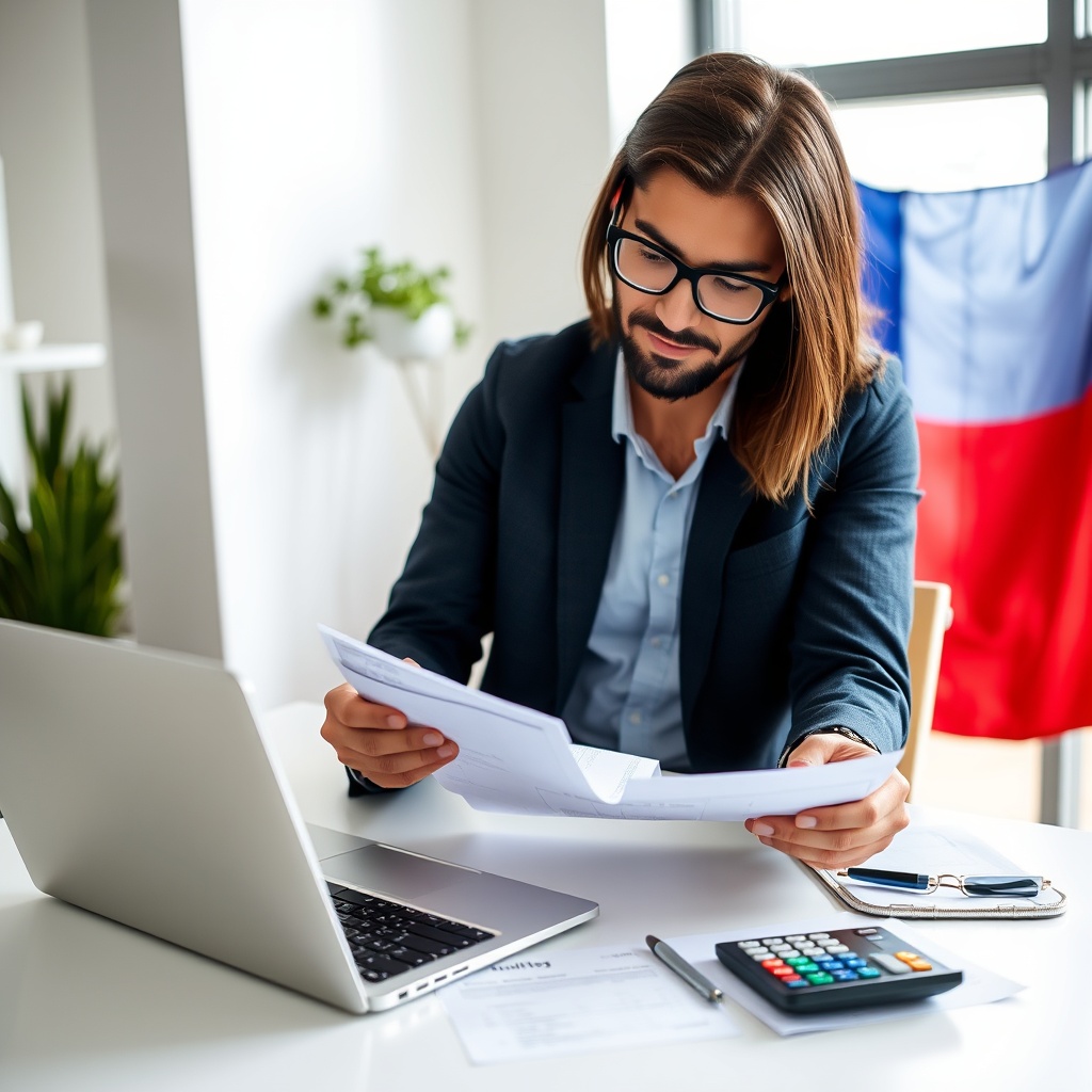 Professional stock photo of a freelancer reviewing monthly tax documents on a laptop with calculator nearby, Chilean flag subtly in background, clean modern office setting