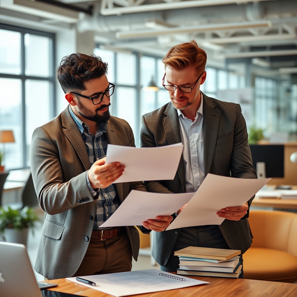 Professional stock photo of a freelancer consulting with a financial advisor over documents, showing collaborative financial planning in a modern office environment