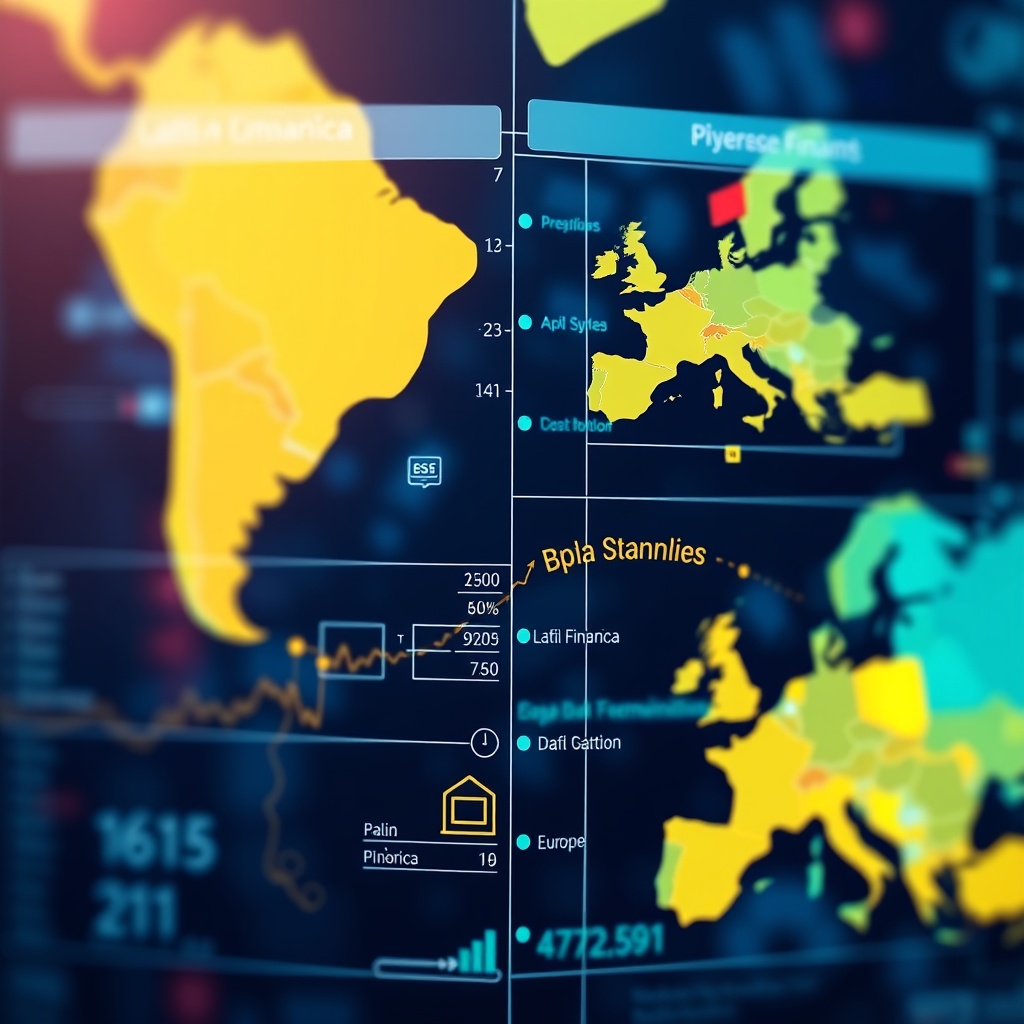 Professional stock photo showing global financial technology comparison with Latin American and European banking systems, featuring international financial data visualization and regulatory frameworks