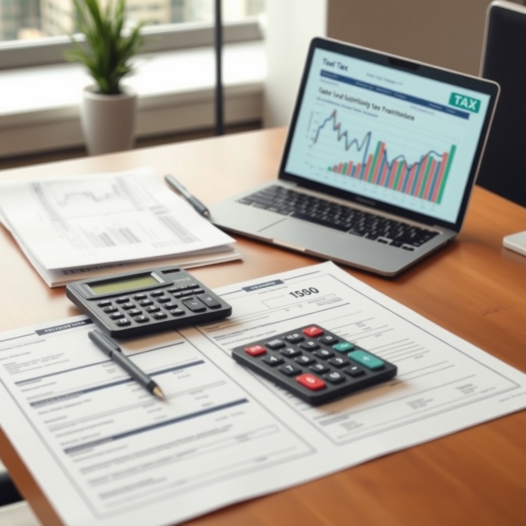 Professional stock photo of a modern office desk with tax documents, calculator, and laptop displaying financial charts, representing comprehensive tax structure for freelance income in China