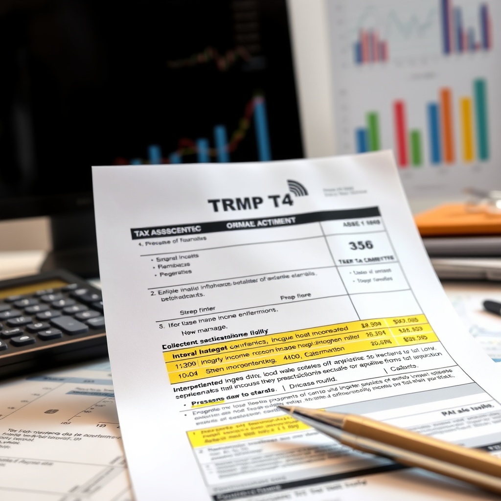 Professional stock photo of a modern tax document with highlighted sections showing different income brackets and tax rates, with a calculator and financial charts in the background, clean office setting
