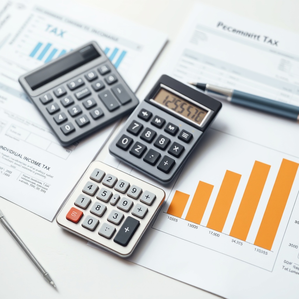 Professional stock photo of a modern calculator, tax documents, and progressive chart on a clean desk workspace, representing individual income tax calculations and structure
