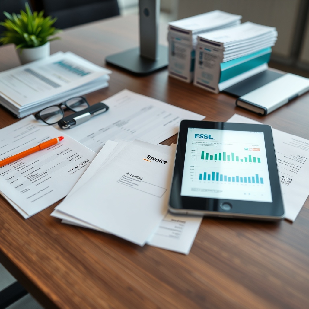 Professional stock photo of organized financial documents, invoices, and digital tablet showing accounting software interface on a contemporary office desk