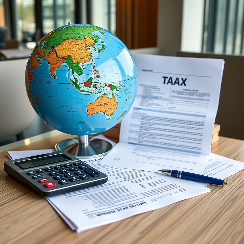 Professional stock photo of international tax documents, globe, and calculator arranged on a modern workspace, representing cross-border tax treaty considerations
