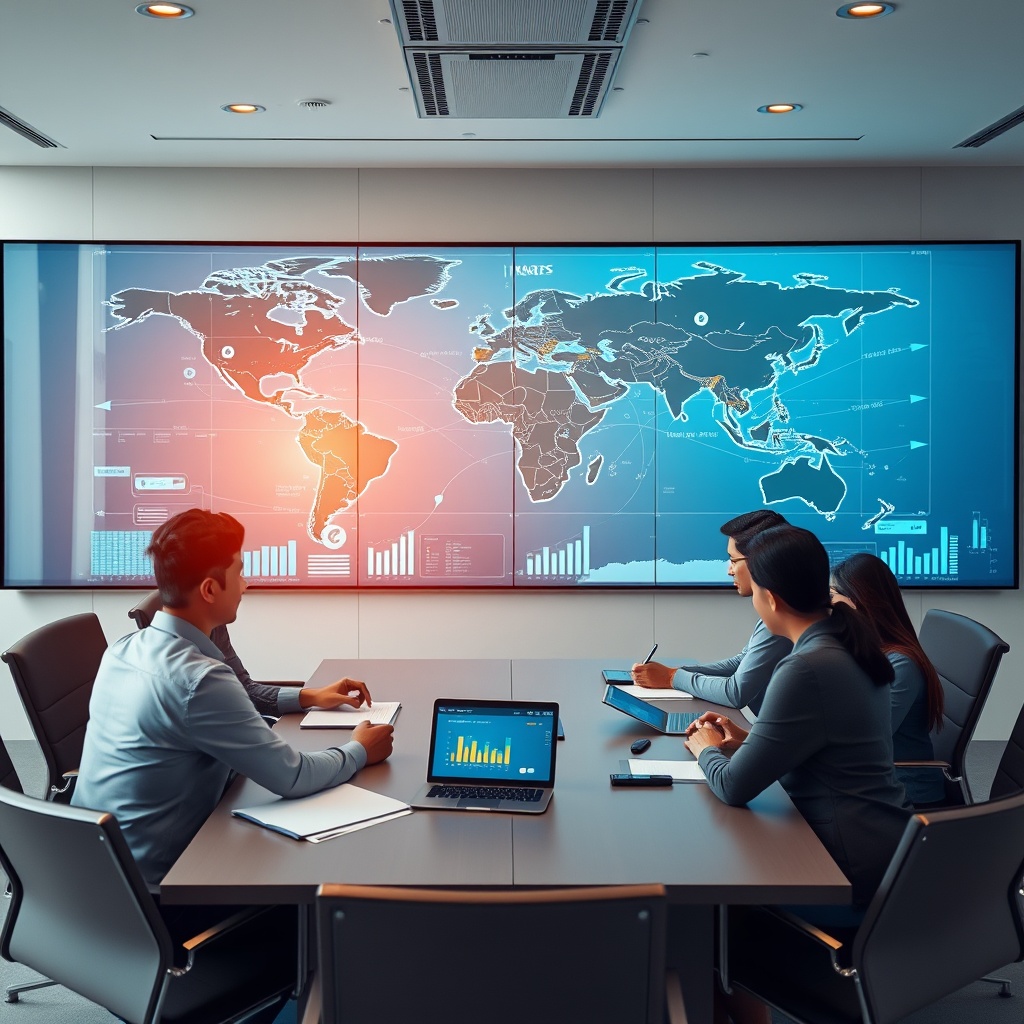 Global business executives analyzing cross-border digital payment systems with world map displays showing international trade routes and digital currency exchange networks in a professional boardroom setting