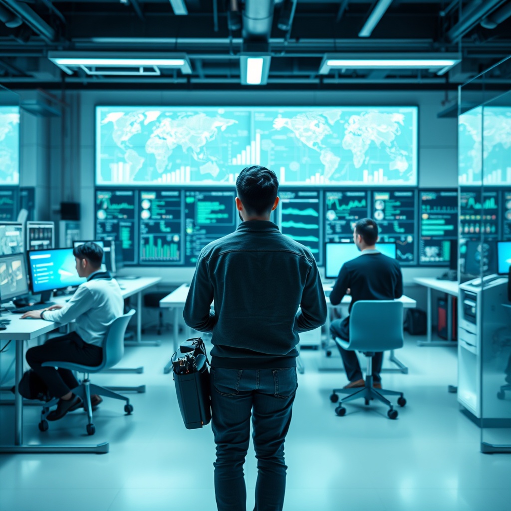 Cutting-edge fintech innovation lab with developers working on AI-powered financial systems, blockchain technology interfaces, and IoT payment devices in a modern technological environment