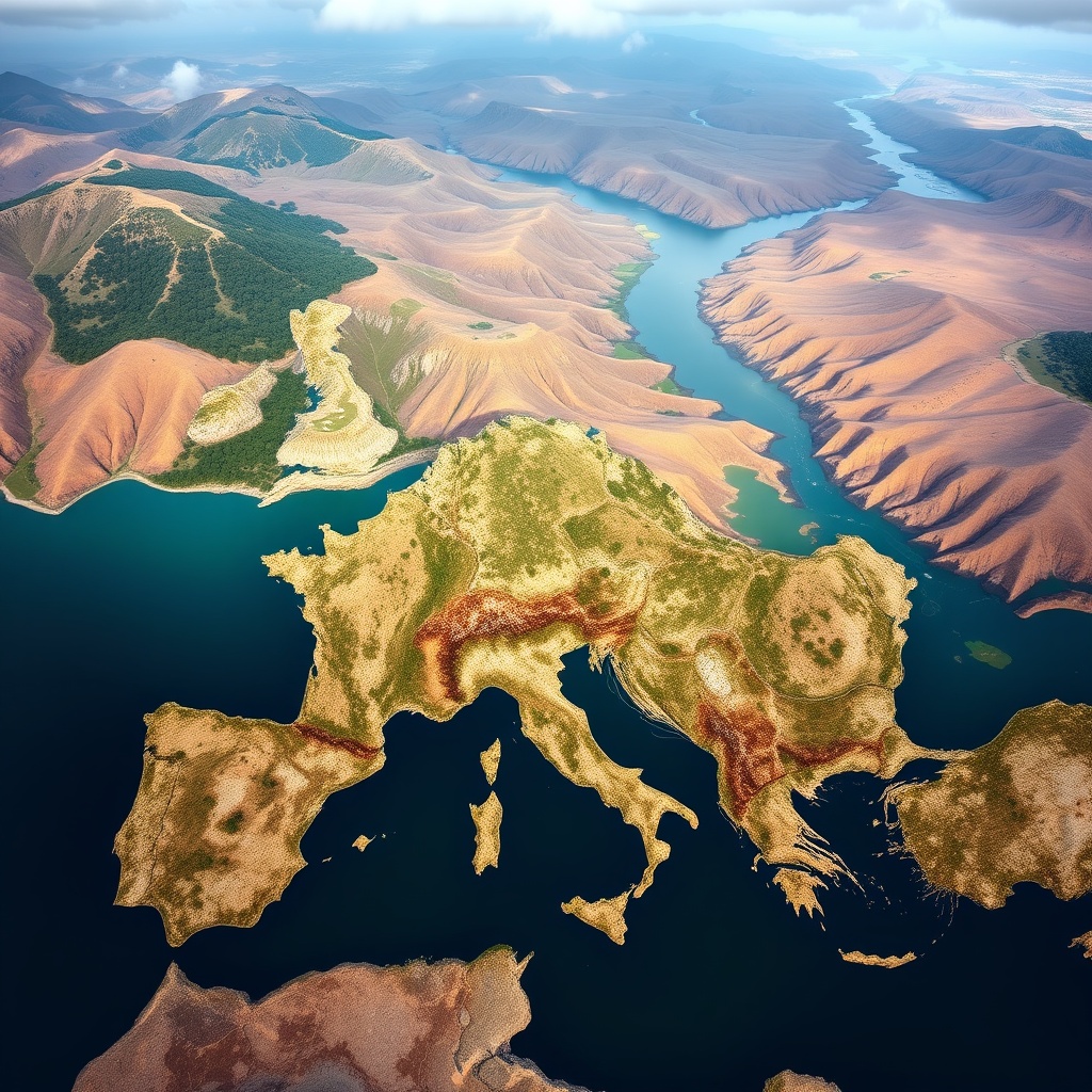 Professional stock photo showing diverse European regional landscapes - Mediterranean coastline, Northern European coastal areas, and Central European river valleys - with subtle visual indicators of climate risks like drought, flooding, and storm patterns