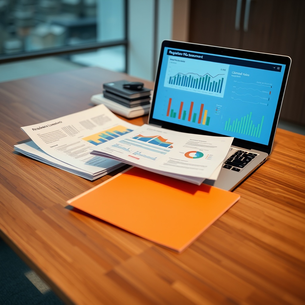 Professional stock photo of regulatory compliance documents and climate risk assessment reports on a modern office desk with a laptop displaying climate data charts, clean corporate background