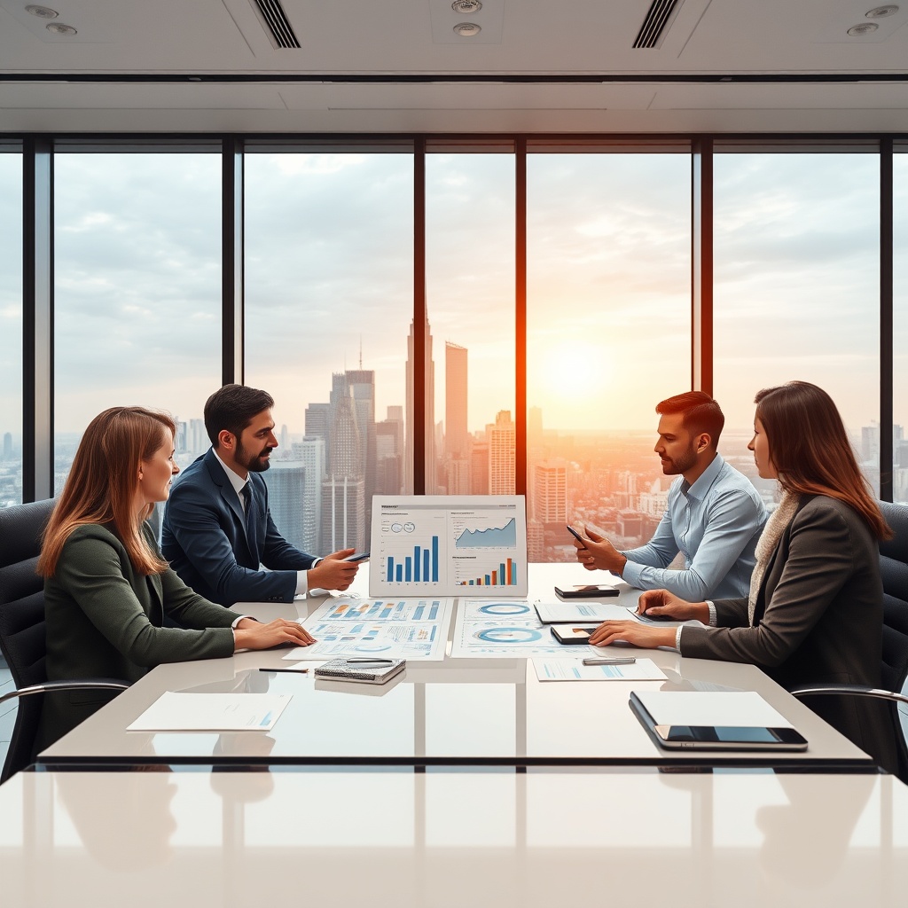 Professional stock photo of insurance capital management team analyzing financial models and risk assessment charts in a modern boardroom with city skyline view