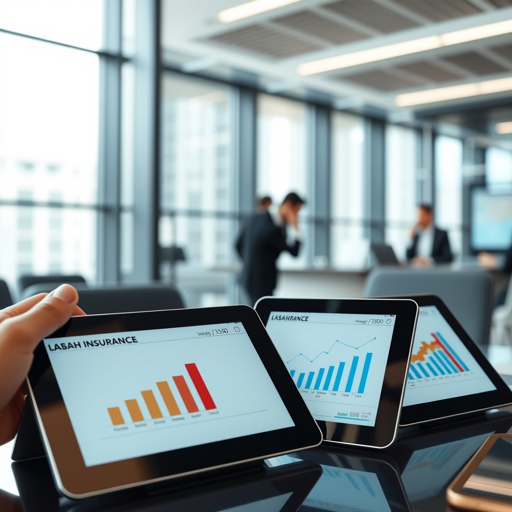 Professional stock photo of innovative insurance products and risk transfer mechanisms displayed on digital tablets in a contemporary financial services environment