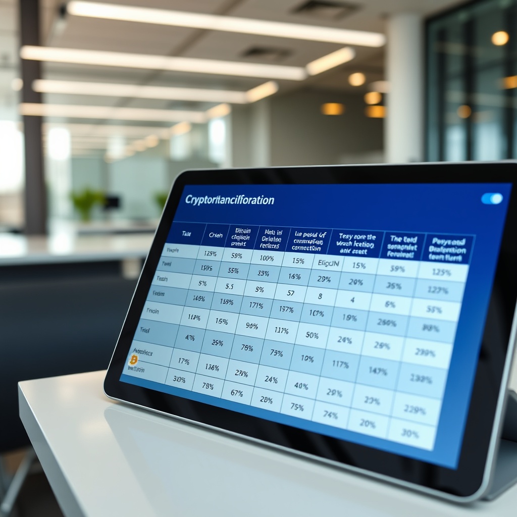 Professional stock photo of cryptocurrency classification chart showing different digital assets like Bitcoin, Ethereum, and NFTs with tax categories and percentages displayed on a modern tablet screen in a contemporary office setting