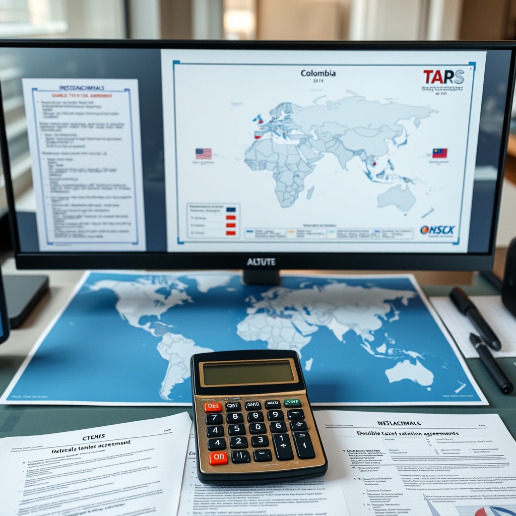 Professional stock photo of international tax treaty documents and global map showing Colombia's double taxation agreements with various countries, featuring legal documents and calculator on a modern desk
